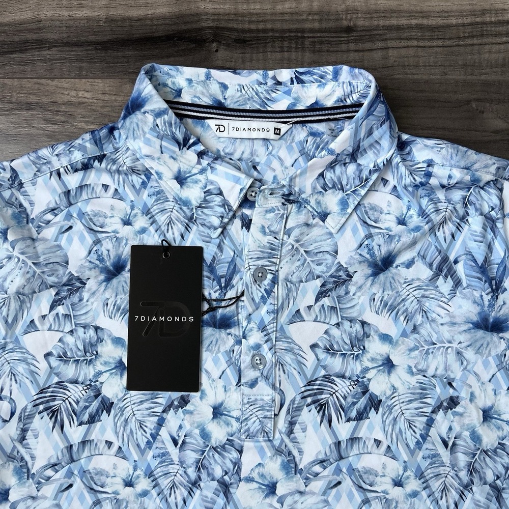 7 Diamonds 4 Way Stretch Polo Shirt Mens Medium Blue Floral Performance Golf New